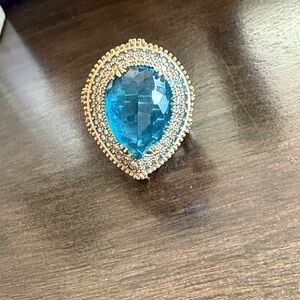 Elegant Blue and Gold Vintage Teardrop Sterling Silver Ring Size 8